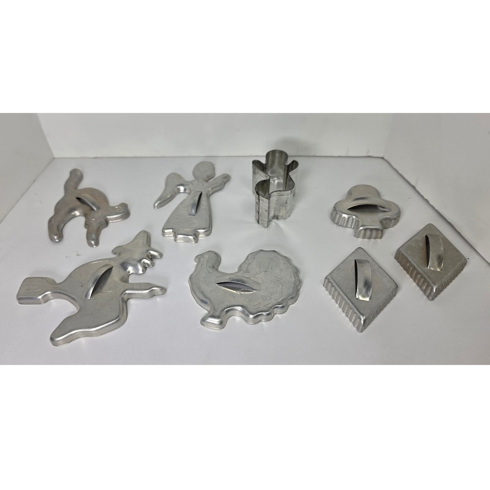 Vintage Aluminum Cookie Cutter Set 8pc Witch Turkey Angel Cat Gingerbread Man